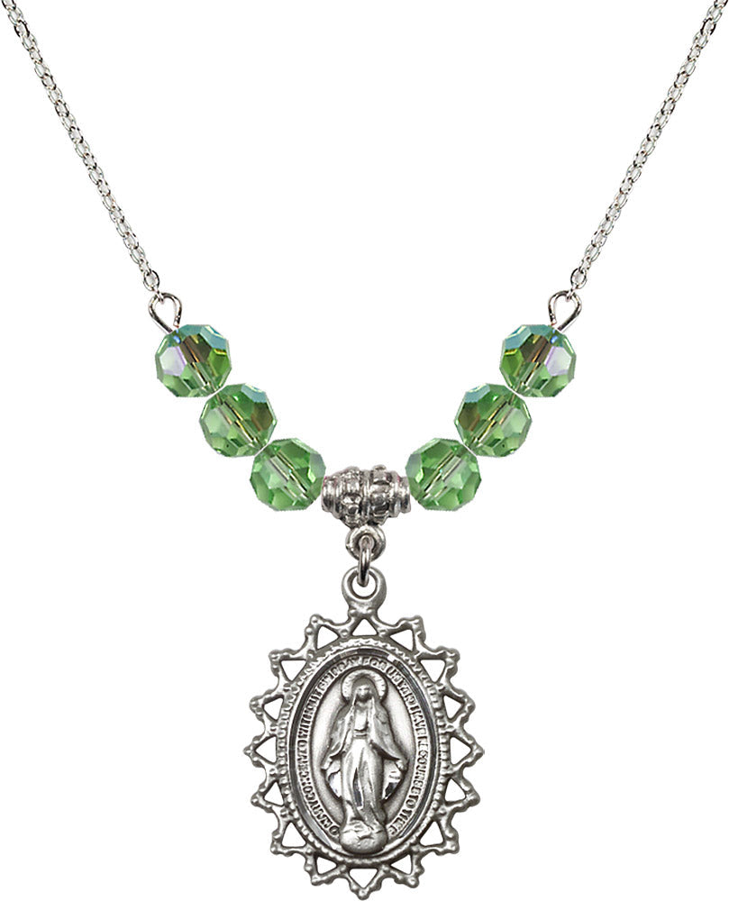 Sterling Silver Miraculous Birthstone Necklace with Peridot Beads - 1619