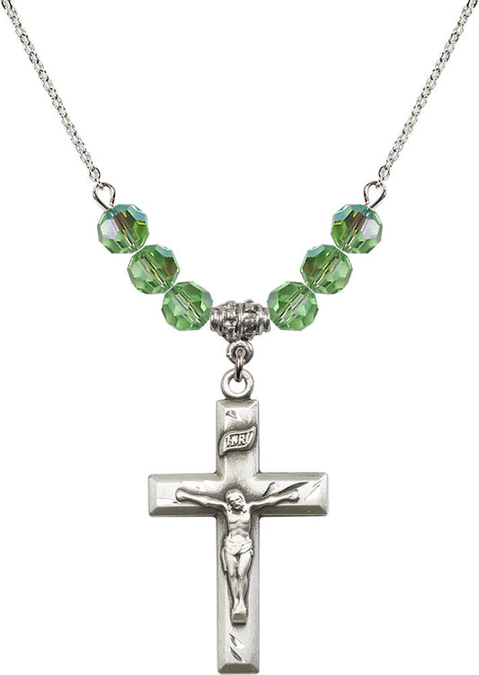 Sterling Silver Crucifix Birthstone Necklace with Peridot Beads - 2186