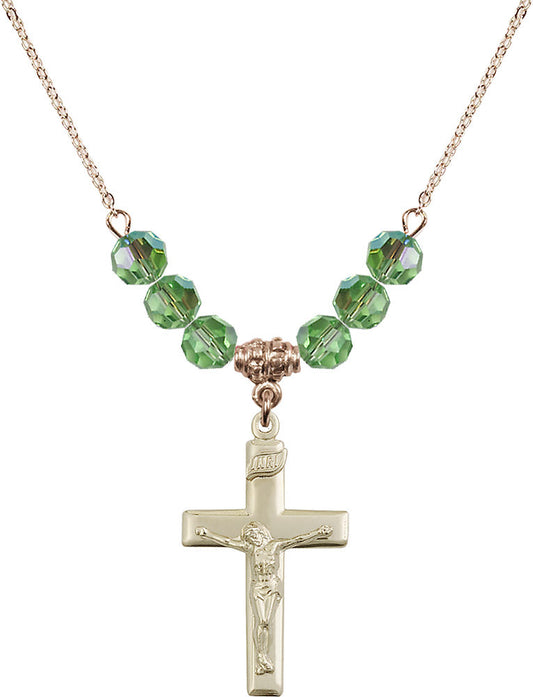 14kt Gold Filled Crucifix Birthstone Necklace with Peridot Beads - 2191