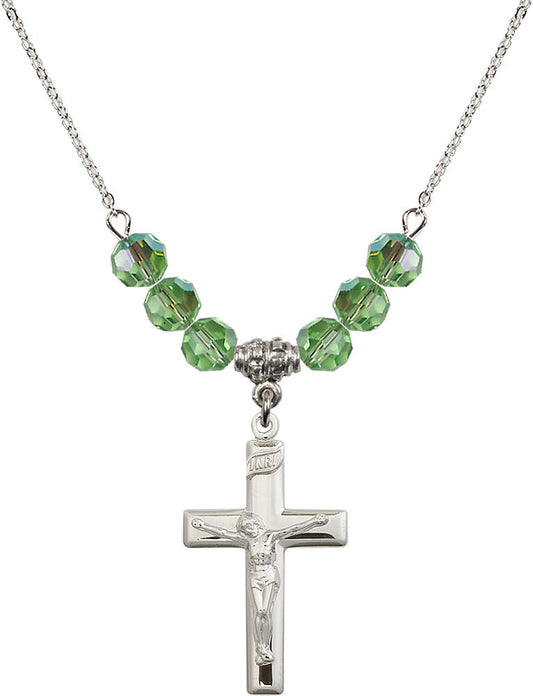 Sterling Silver Crucifix Birthstone Necklace with Peridot Beads - 2191