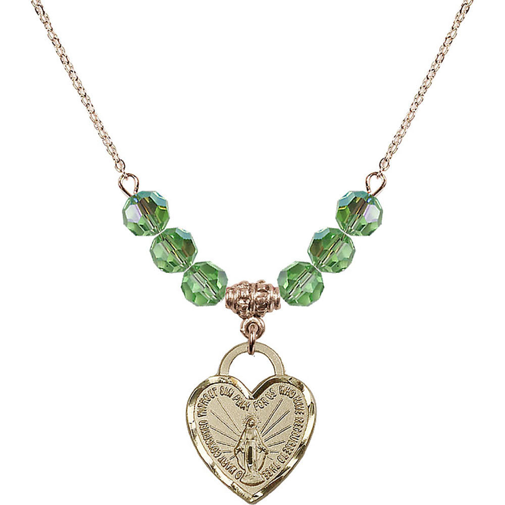 14kt Gold Filled Miraculous Heart Birthstone Necklace with Peridot Beads - 3201