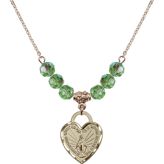 14kt Gold Filled Miraculous Heart Birthstone Necklace with Peridot Beads - 3201
