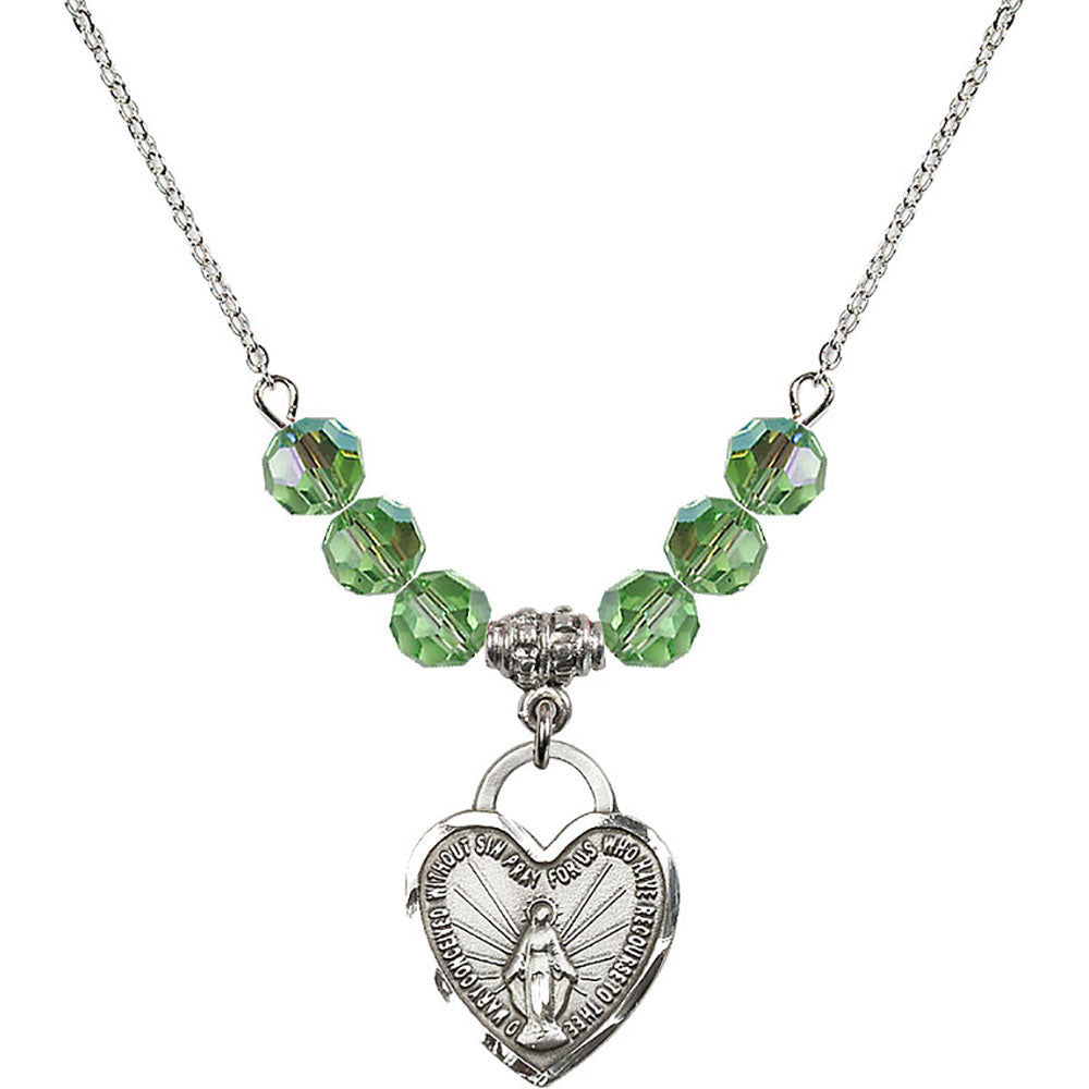 Sterling Silver Miraculous Heart Birthstone Necklace with Peridot Beads - 3201