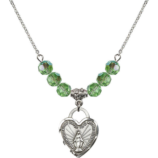 Sterling Silver Miraculous Heart Birthstone Necklace with Peridot Beads - 3201