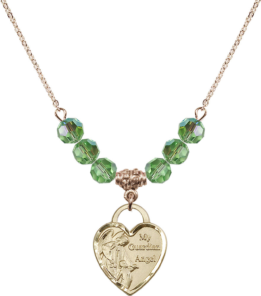 14kt Gold Filled Guardian Angel Heart Birthstone Necklace with Peridot Beads - 3202