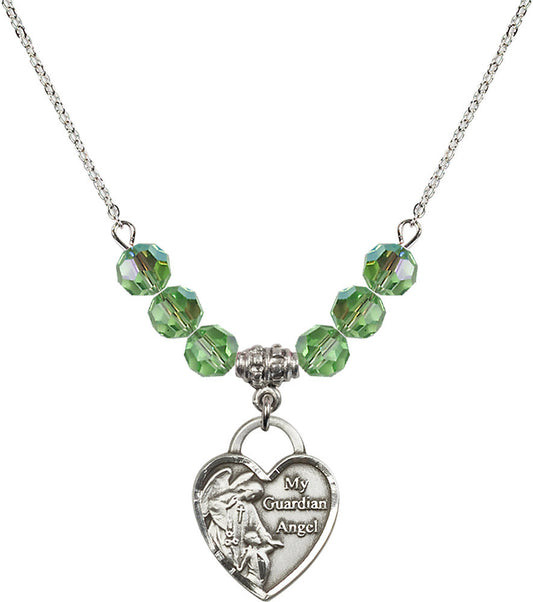 Sterling Silver Guardian Angel Heart Birthstone Necklace with Peridot Beads - 3202