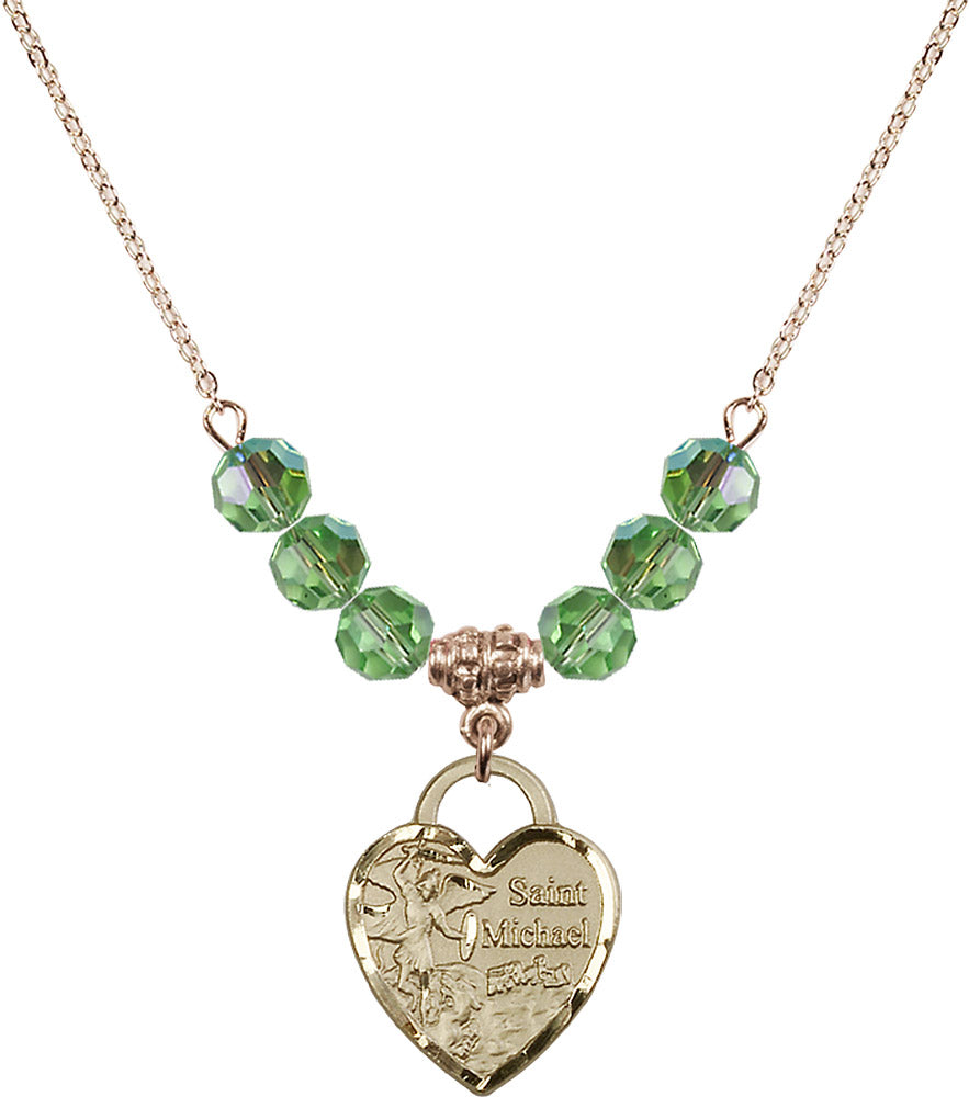 14kt Gold Filled Saint Michael the Archangel Birthstone Necklace with Peridot Beads - 3203