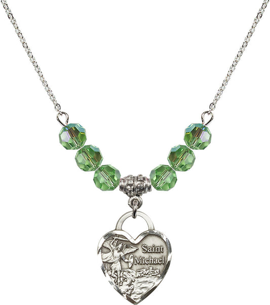 Sterling Silver Saint Michael the Archangel Birthstone Necklace with Peridot Beads - 3203