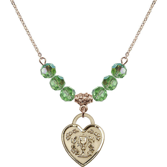 14kt Gold Filled Communion Heart Birthstone Necklace with Peridot Beads - 3204