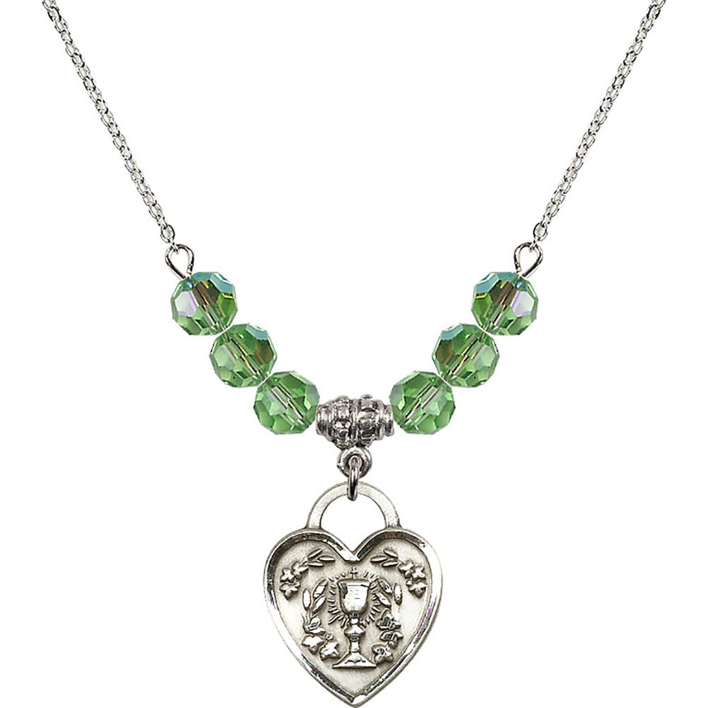Sterling Silver Communion Heart Birthstone Necklace with Peridot Beads - 3204