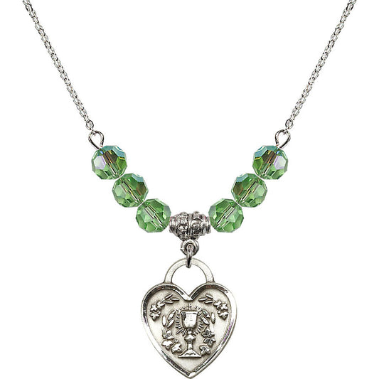 Sterling Silver Communion Heart Birthstone Necklace with Peridot Beads - 3204