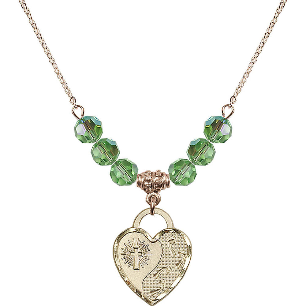 14kt Gold Filled Footprints Heart Birthstone Necklace with Peridot Beads - 3207