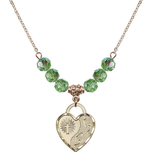 14kt Gold Filled Footprints Heart Birthstone Necklace with Peridot Beads - 3207