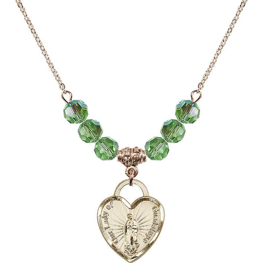 14kt Gold Filled Our Lady of Guadalupe Heart / Recuerdo Birthstone Necklace with Peridot Beads - 3209
