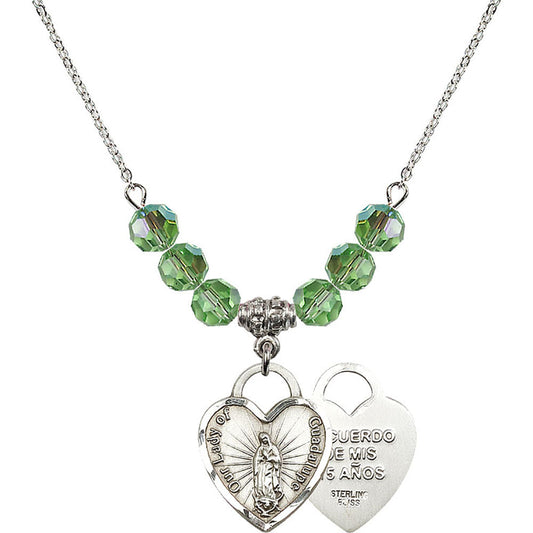 Sterling Silver Our Lady of Guadalupe Heart / Recuerdo Birthstone Necklace with Peridot Beads - 3209