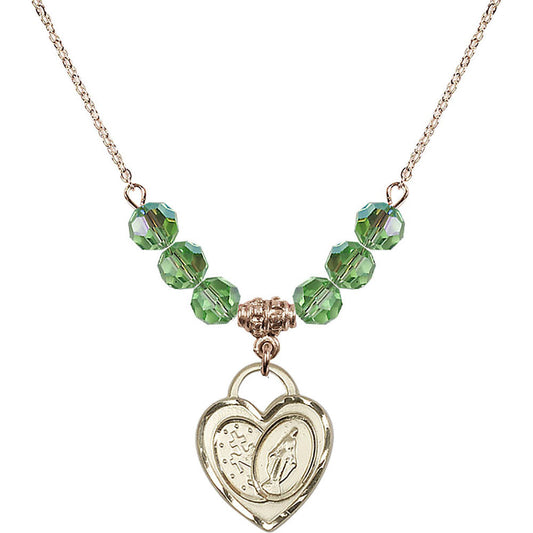 14kt Gold Filled Miraculous Heart Birthstone Necklace with Peridot Beads - 3212
