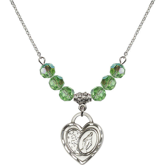 Sterling Silver Miraculous Heart Birthstone Necklace with Peridot Beads - 3212