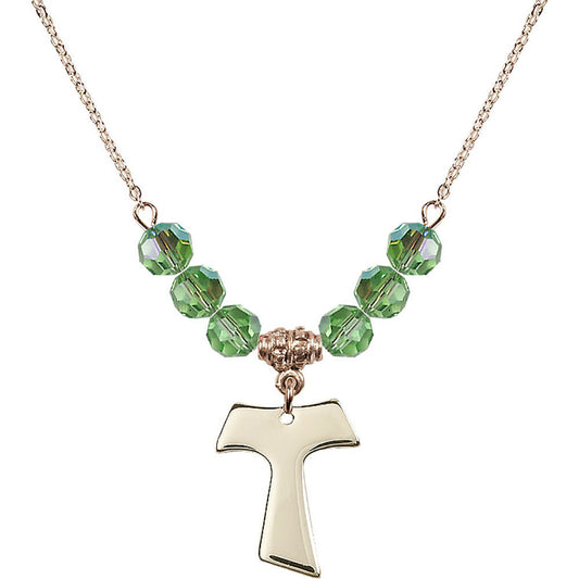 14kt Gold Filled Tau Cross Birthstone Necklace with Peridot Beads - 3948