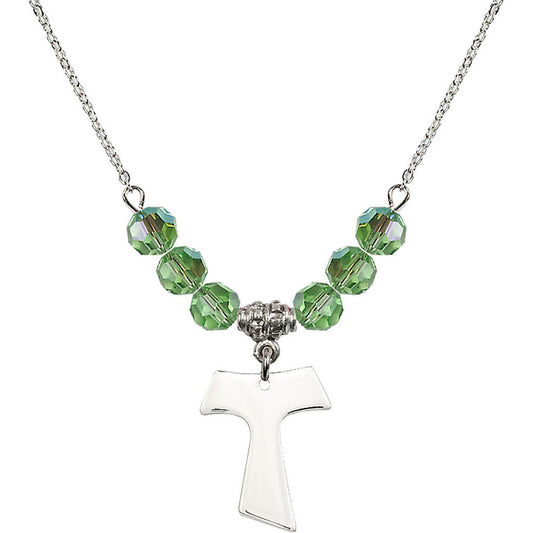 Sterling Silver Tau Cross Birthstone Necklace with Peridot Beads - 3948