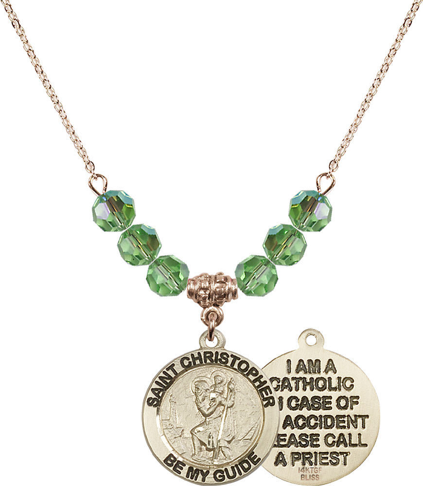 14kt Gold Filled Saint Christopher Birthstone Necklace with Peridot Beads - 4049