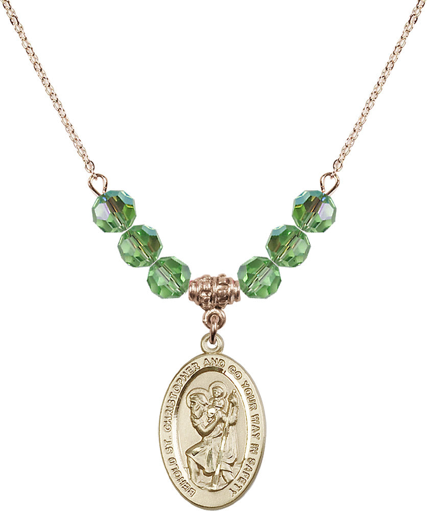 14kt Gold Filled Saint Christopher Birthstone Necklace with Peridot Beads - 4123