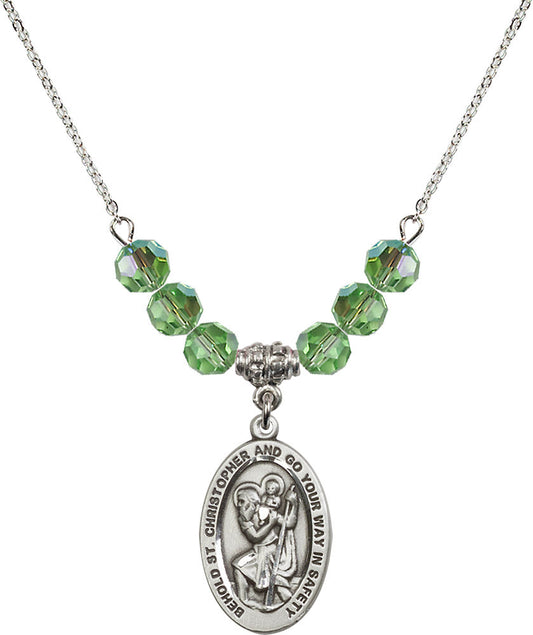 Sterling Silver Saint Christopher Birthstone Necklace with Peridot Beads - 4123