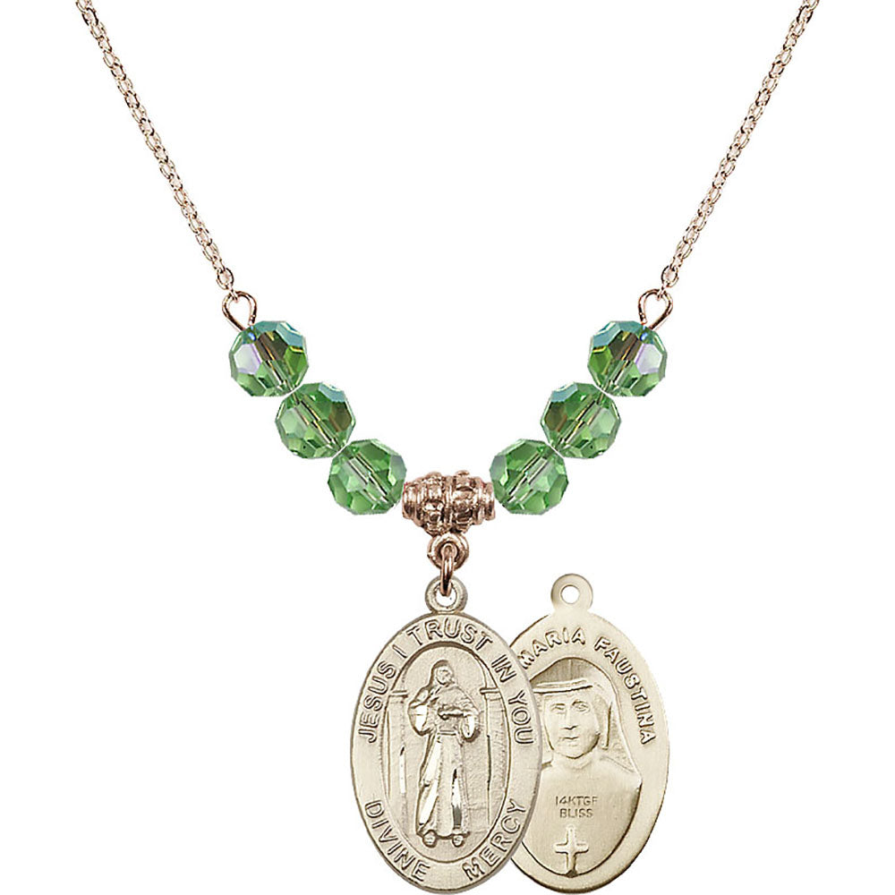14kt Gold Filled Divine Mercy Birthstone Necklace with Peridot Beads - 4123