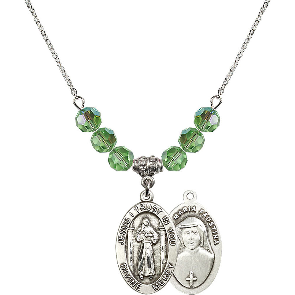 Sterling Silver Divine Mercy Birthstone Necklace with Peridot Beads - 4123