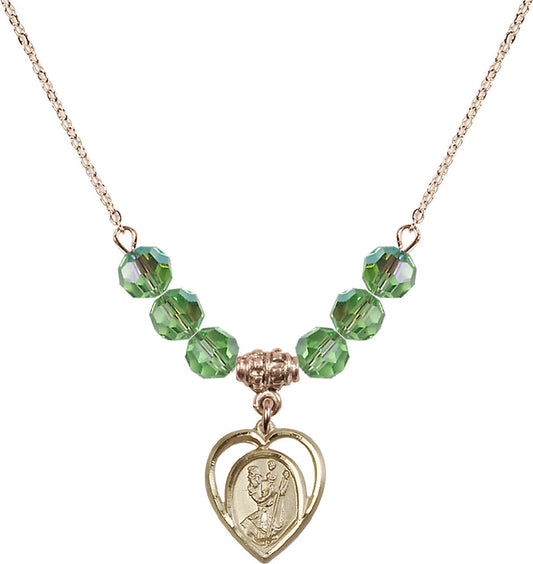 14kt Gold Filled Saint Christopher Birthstone Necklace with Peridot Beads - 4127