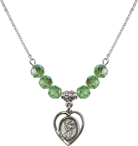 Sterling Silver Saint Christopher Birthstone Necklace with Peridot Beads - 4127