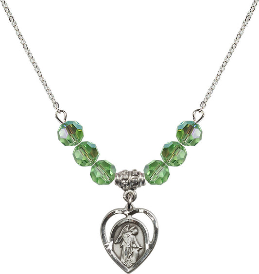Sterling Silver Guardian Angel Birthstone Necklace with Peridot Beads - 4129