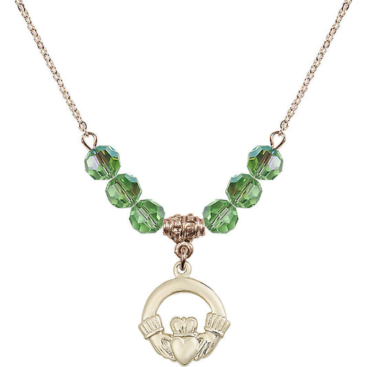 14kt Gold Filled Claddagh Birthstone Necklace with Peridot Beads - 4138