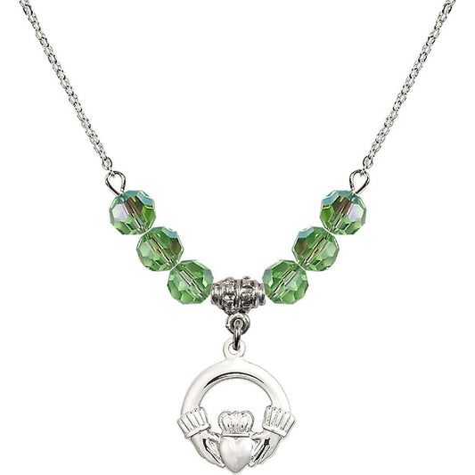 Sterling Silver Claddagh Birthstone Necklace with Peridot Beads - 4138