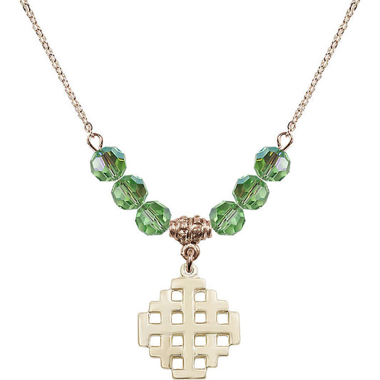 14kt Gold Filled Jerusalem Cross Birthstone Necklace with Peridot Beads - 4139