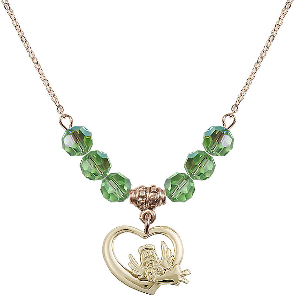 14kt Gold Filled Heart / Guardian Angel Birthstone Necklace with Peridot Beads - 4206