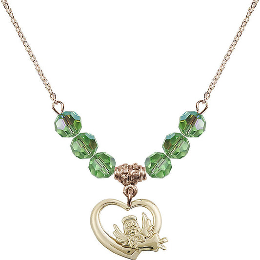 14kt Gold Filled Heart / Guardian Angel Birthstone Necklace with Peridot Beads - 4206