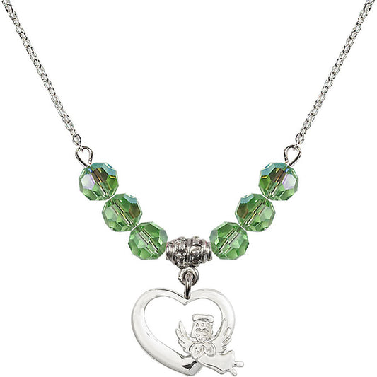 Sterling Silver Heart / Guardian Angel Birthstone Necklace with Peridot Beads - 4206