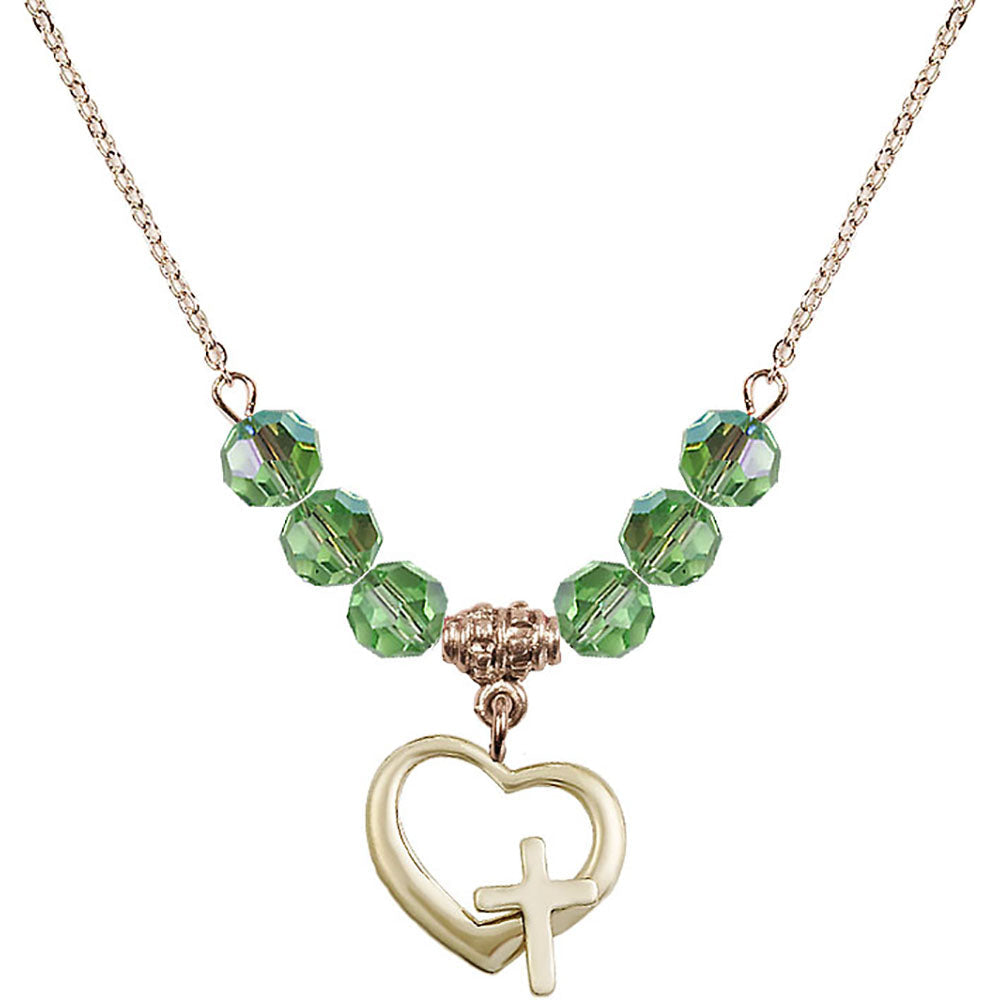 14kt Gold Filled Heart / Cross Birthstone Necklace with Peridot Beads - 4207