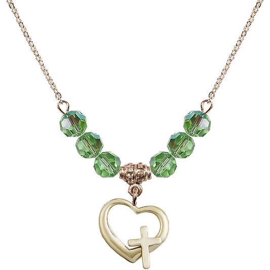 14kt Gold Filled Heart / Cross Birthstone Necklace with Peridot Beads - 4207