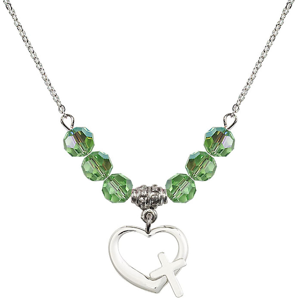 Sterling Silver Heart / Cross Birthstone Necklace with Peridot Beads - 4207