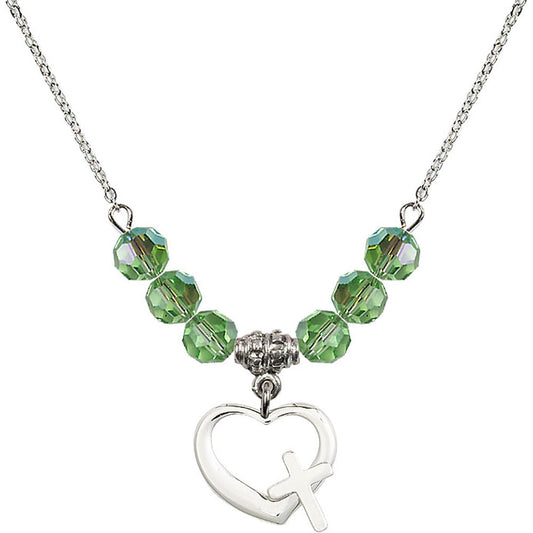 Sterling Silver Heart / Cross Birthstone Necklace with Peridot Beads - 4207