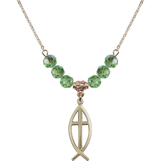 14kt Gold Filled Fish / Cross Birthstone Necklace with Peridot Beads - 4252