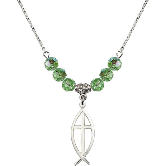 Sterling Silver Fish / Cross Birthstone Necklace with Peridot Beads - 4252