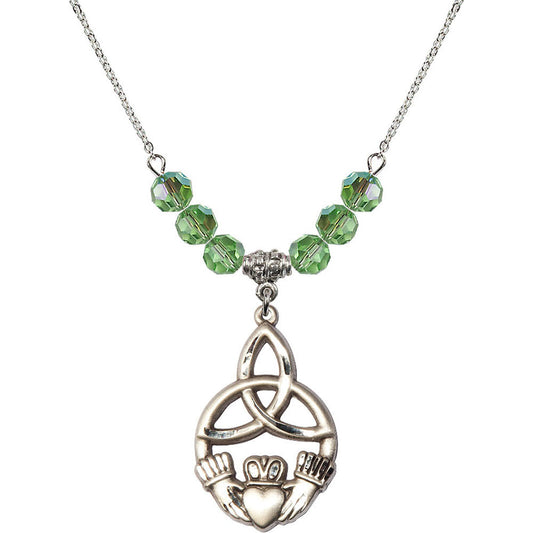 Sterling Silver Irish Knot / Claddagh Birthstone Necklace with Peridot Beads - 5102