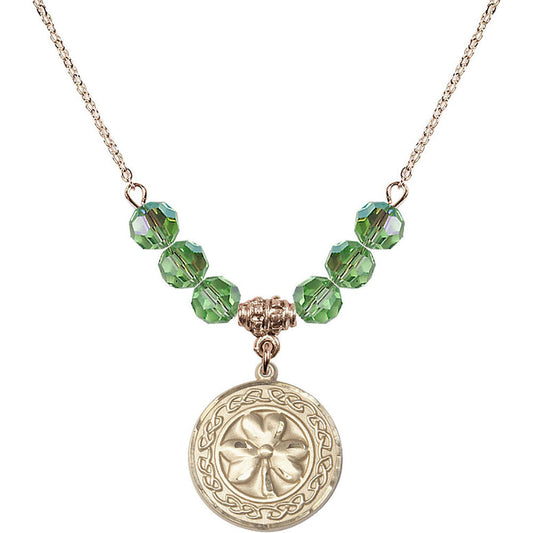 14kt Gold Filled Shamrock w/ Celtic Border Birthstone Necklace with Peridot Beads - 5106