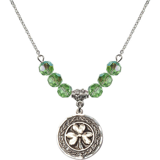 Sterling Silver Shamrock w/ Celtic Border Birthstone Necklace with Peridot Beads - 5106