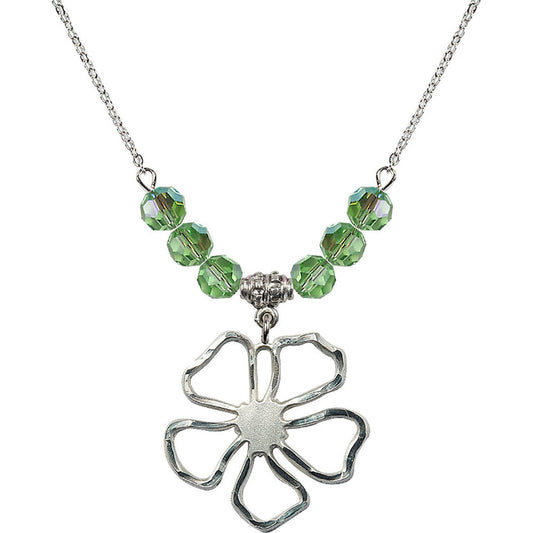 Sterling Silver Five Pedal Flower Birthstone Necklace with Peridot Beads - 5109