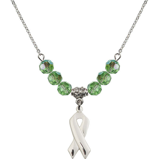 Sterling Silver Cancer Awareness Birthstone Necklace with Peridot Beads - 5150