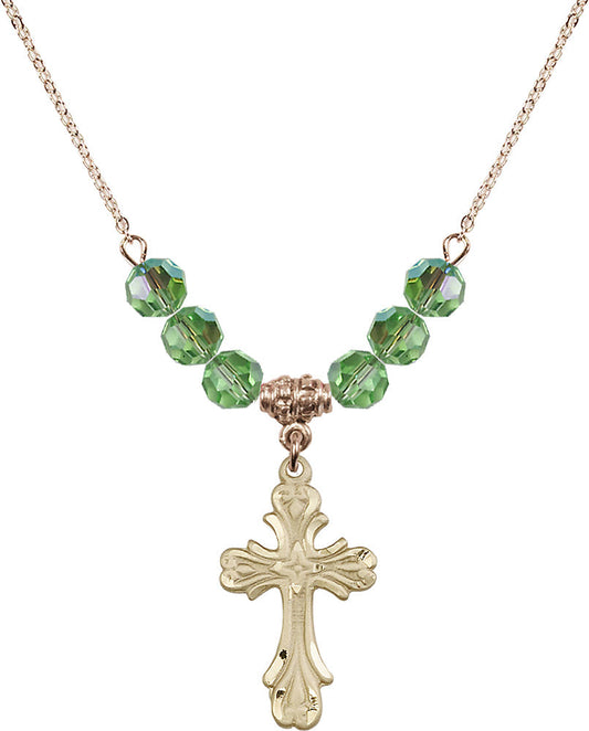 14kt Gold Filled Cross Birthstone Necklace with Peridot Beads - 5419