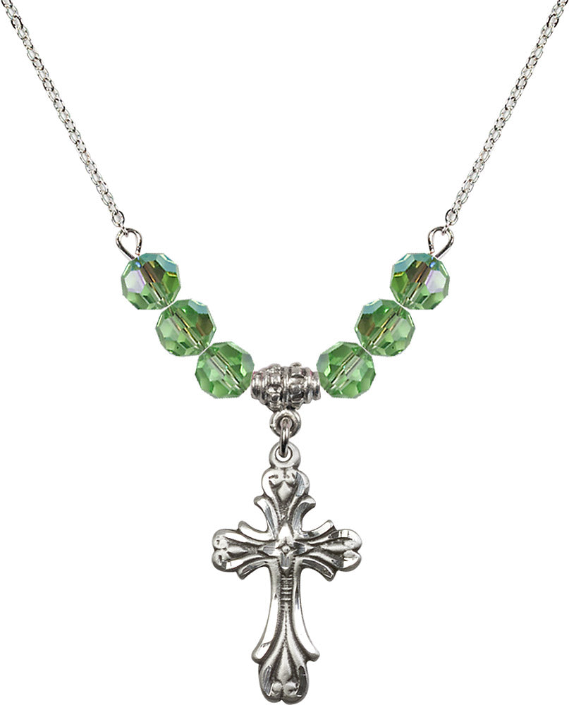 Sterling Silver Cross Birthstone Necklace with Peridot Beads - 5419